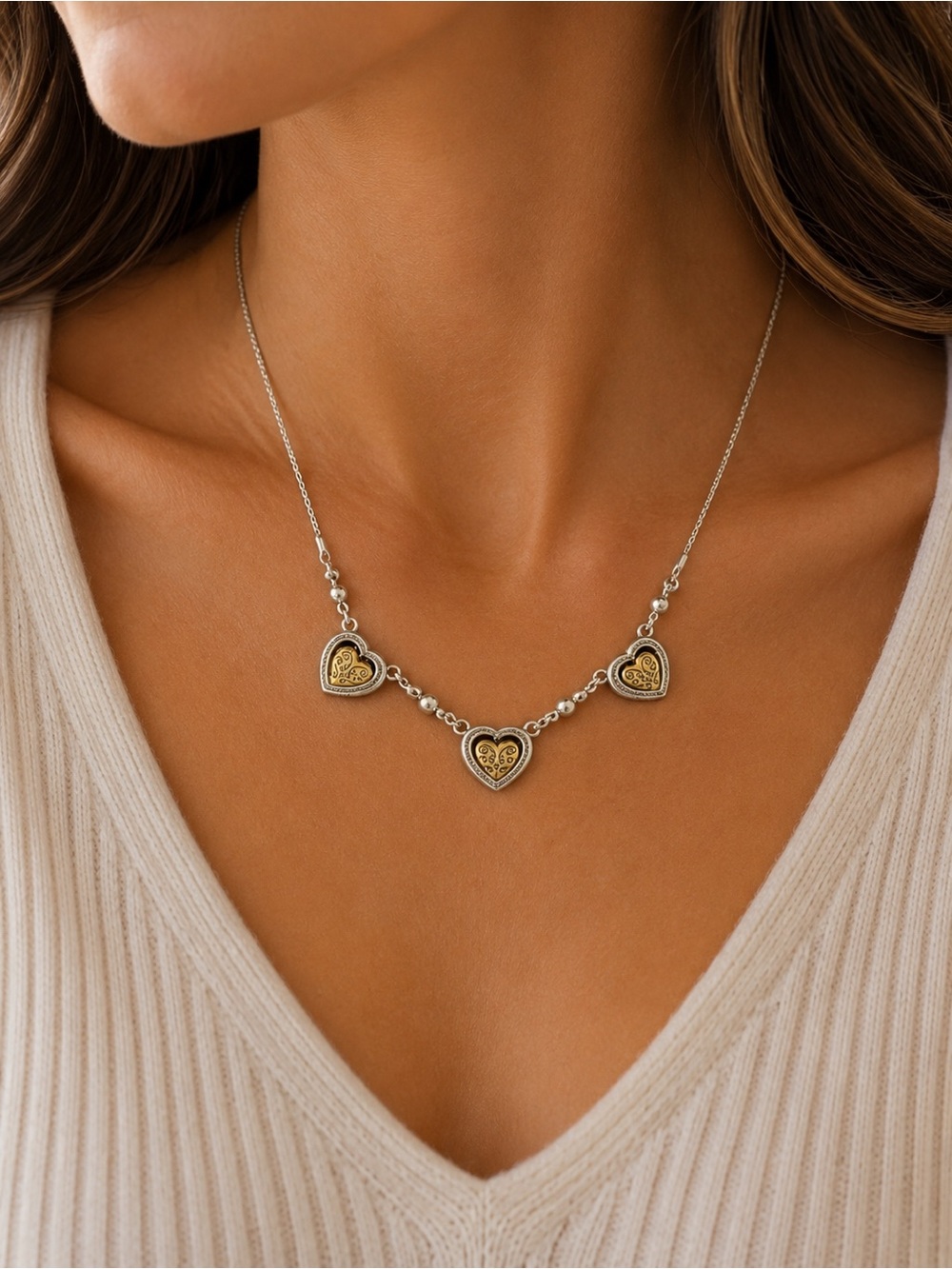 Brighton Silver/Gold Heart Trio Necklace Flippable Filagree 10” Drop
